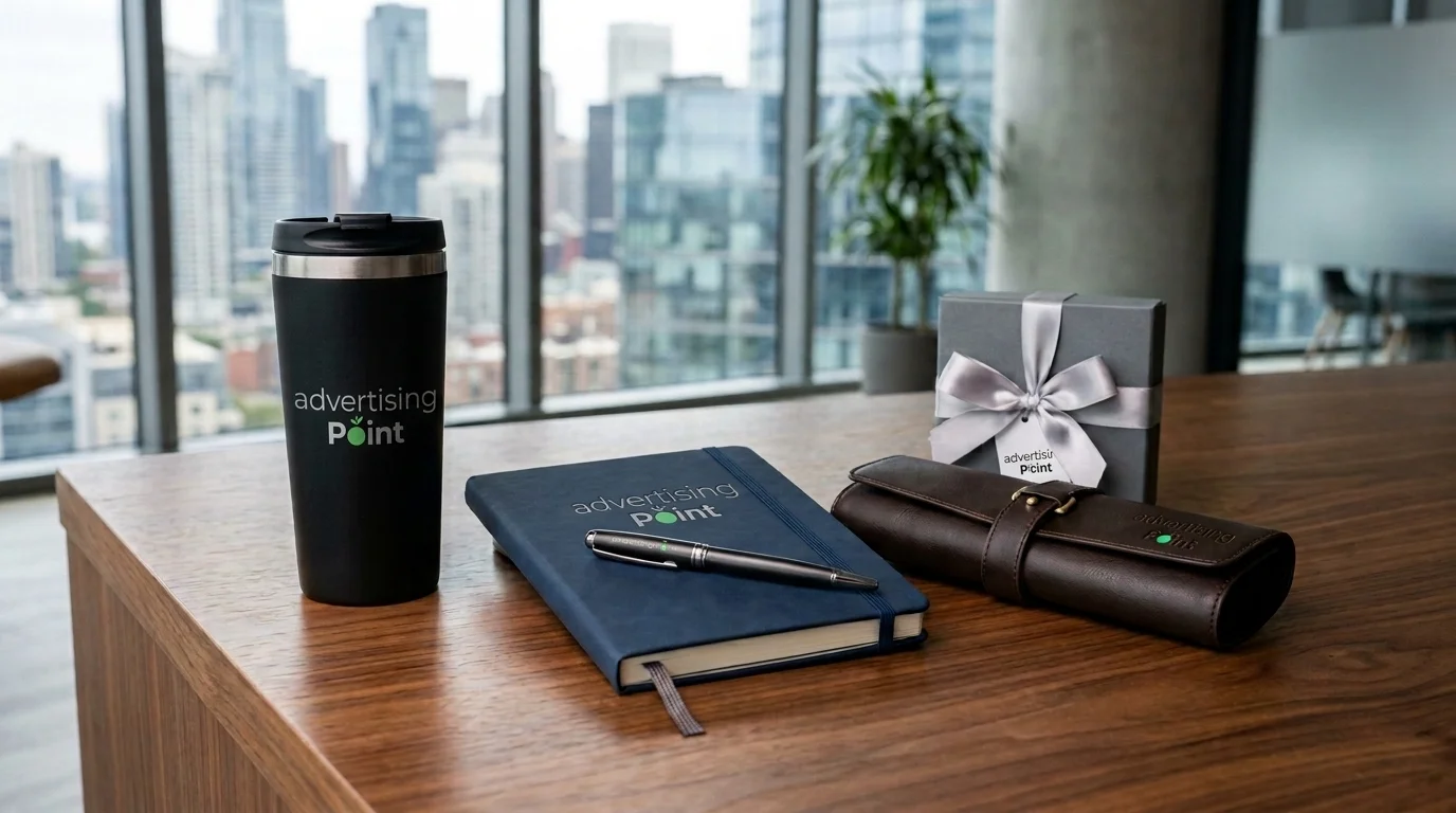 Curated collection of premium corporate gifts and promotional items on an executive desk for Advertising Point UAE