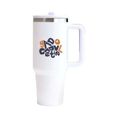 Double Walled Tumbler With Handle And Flip Straw white