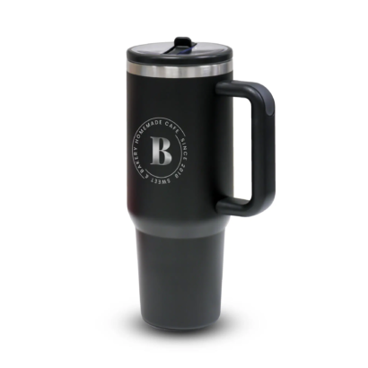 Double Walled Tumbler With Handle And Flip Straw Black