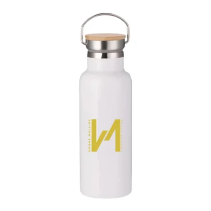 Insulated Bottle With Bamboo Cap White