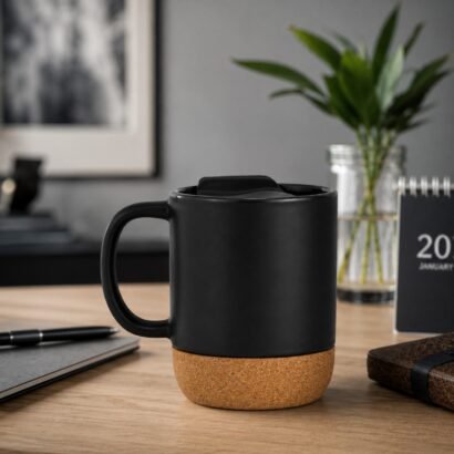 Ceramic Mug with Lid and Cork Bottom with logo prinitng