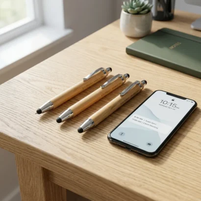 Eco-friendly bamboo ballpoint pen with touch screen stylus and chrome accents for corporate gifting in UAE