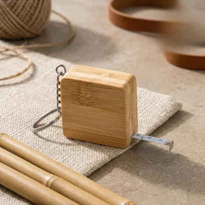 Eco-friendly bamboo retractable measuring tape keychain studio view for Advertising Point UAE
