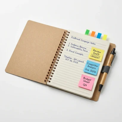 Eco spiral notebook with sticky notes, index flags and pen studio view for Advertising Point UAE