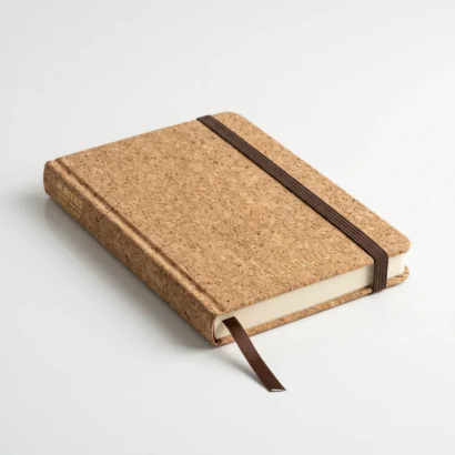 Sustainable natural cork hardcover notebook with elastic closure studio view for Advertising Point UAE
