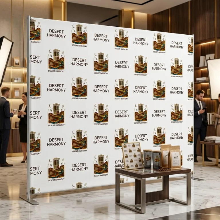 Branded backdrop banner placed at a corporate exhibition event and red carpet photo area in Dubai