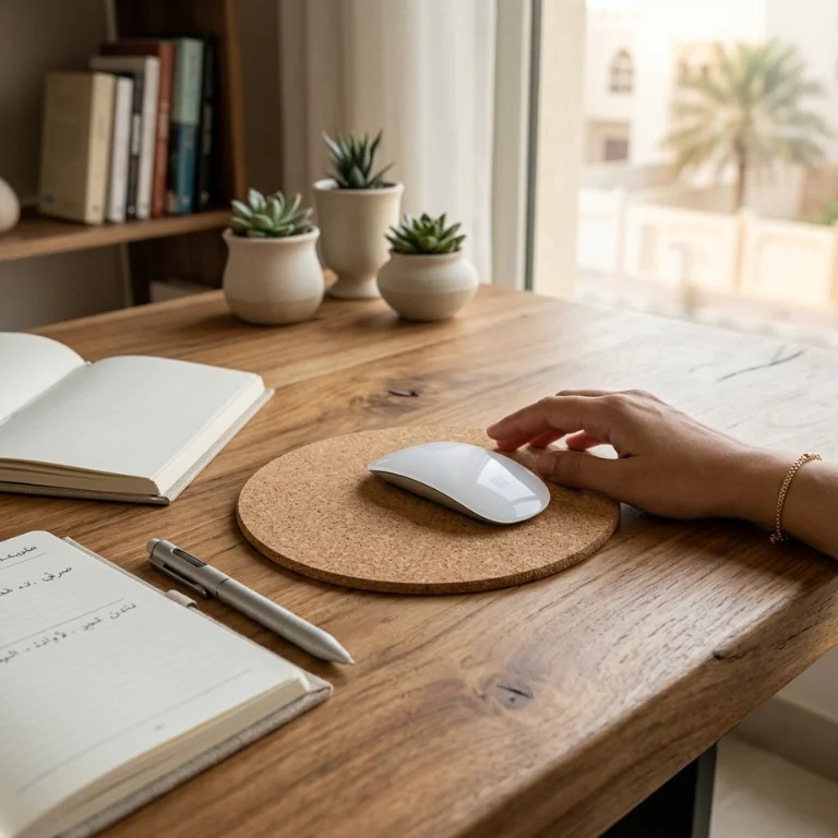 Round cork mouse pad placed on a modern wooden office desk next to a wireless mouse in Dubai