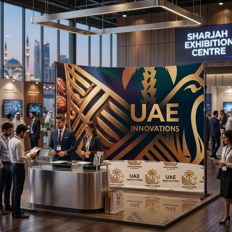 Curved pop up display stand set up at a modern corporate trade show exhibition booth in Dubai