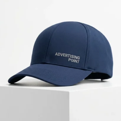 Custom Ace Santhome 5-panel dry-cool sports cap in navy blue studio view for Advertising Point UAE
