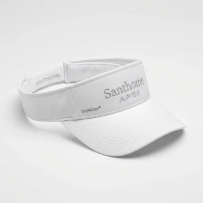 Custom Apex Santhome white visor cap studio view showing open-top crown design for Advertising Point UAE