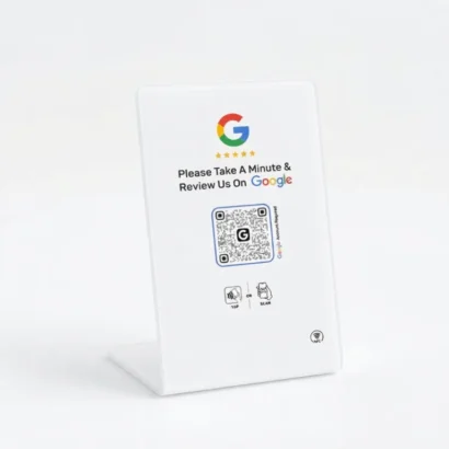 Custom branded google review stand and nfc stand studio view for Advertising Point UAE