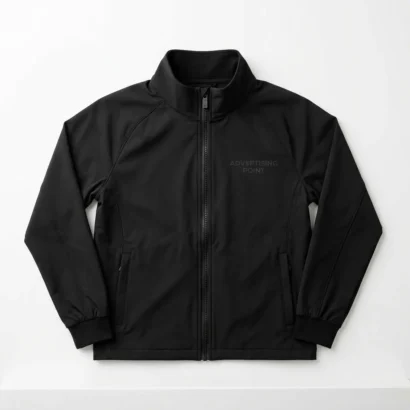 Custom wind jacket Dubai in black studio view showing zipper and collar for Advertising Point UAE
