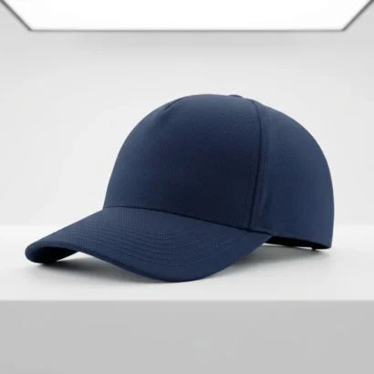 Custom dry-cool seamless 6-panel sports cap studio view in navy blue for Advertising Point UAE