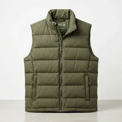 Professional commercial studio photography of a stylish puffer vest resting neatly on a clean surface, showcasing its structured quilted baffle chambers, high collar, and front zipper. Minimalist white background, soft professional studio lighting, high-end apparel retail aesthetic, photorealistic, 8k resolution, square format 1:1