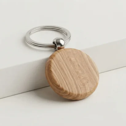 Custom engraved round wooden keychain with metal ring studio view for Advertising Point UAE