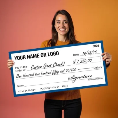 Custom giant presentation cheque studio mockup showcasing print layout for Advertising Point UAE