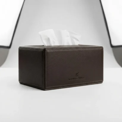 Custom luxury leather tissue box holder studio view with edge stitching for Advertising Point UAE