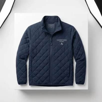 Custom men's quilted performance jacket studio view showing stitch pattern for Advertising Point UAE