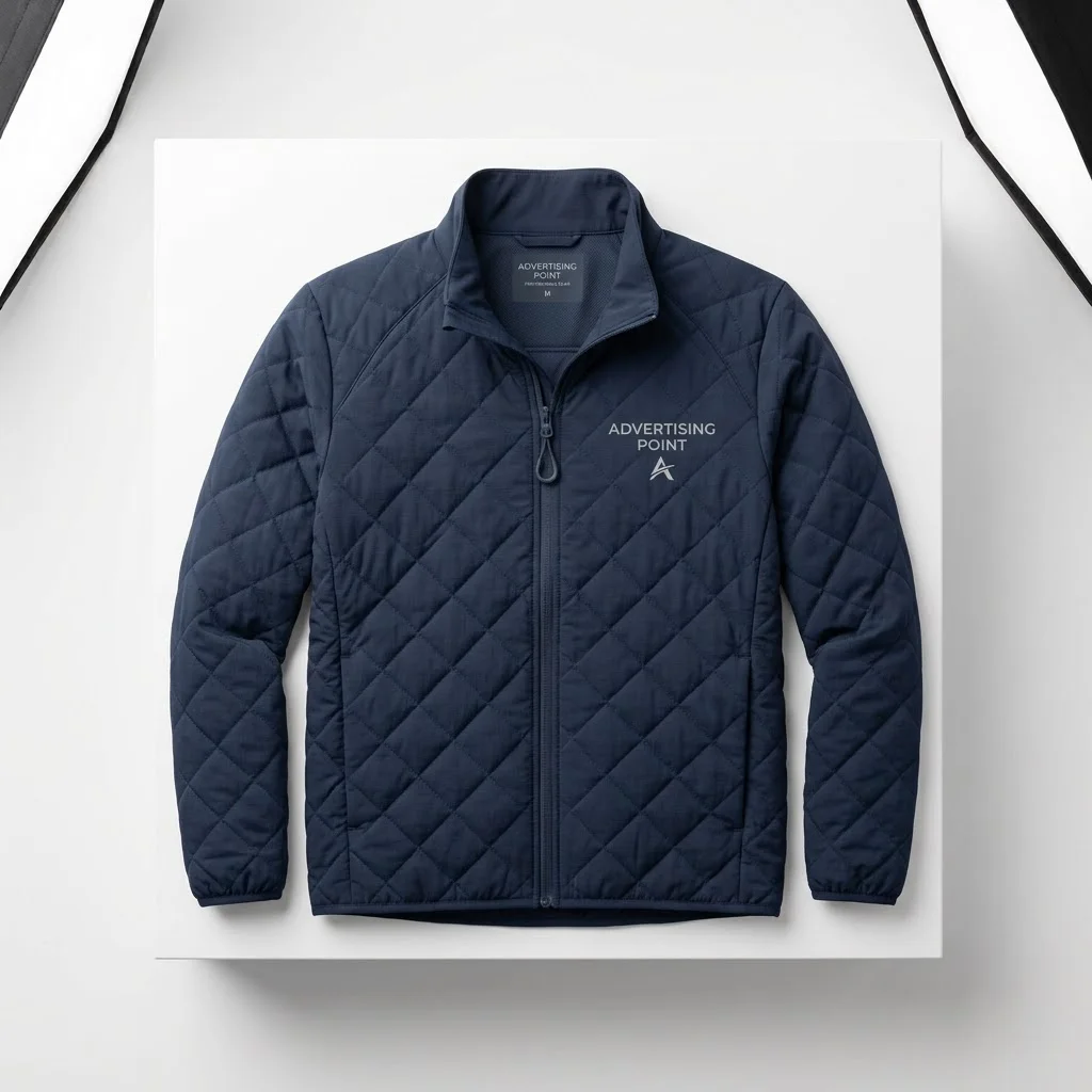 Custom men's quilted performance jacket studio view showing stitch pattern for Advertising Point UAE