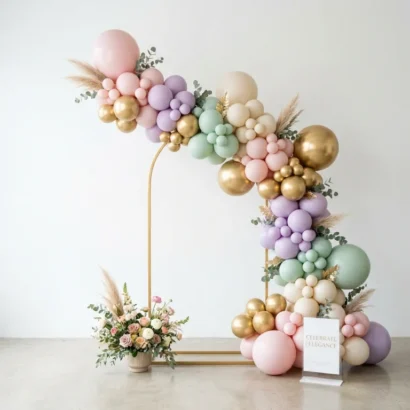 Custom professional balloon decoration arch and organic garland studio view for Advertising Point UAE