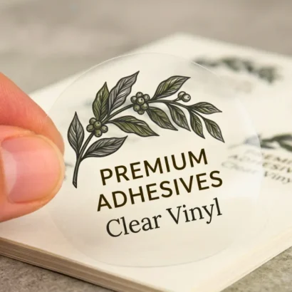 Custom transparent PVC clear kiss-cut stickers and half-cut decal sheet studio view for Advertising Point UAE