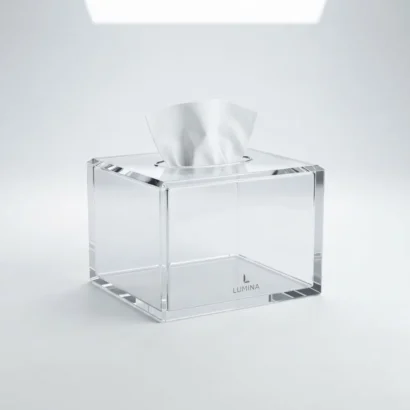 Custom transparent acrylic tissue box holder studio view for Advertising Point UAE