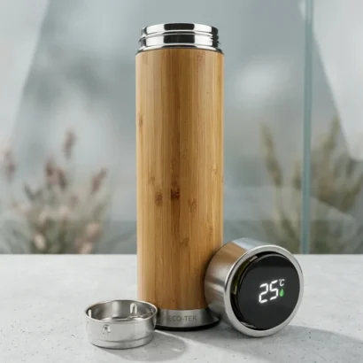 Eco-friendly bamboo vacuum flask with LED temperature display studio view for Advertising Point UAE