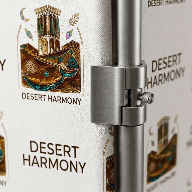 Macro close-up of wrinkle-resistant fabric print texture and frame joint on promotional event backdrops UAE