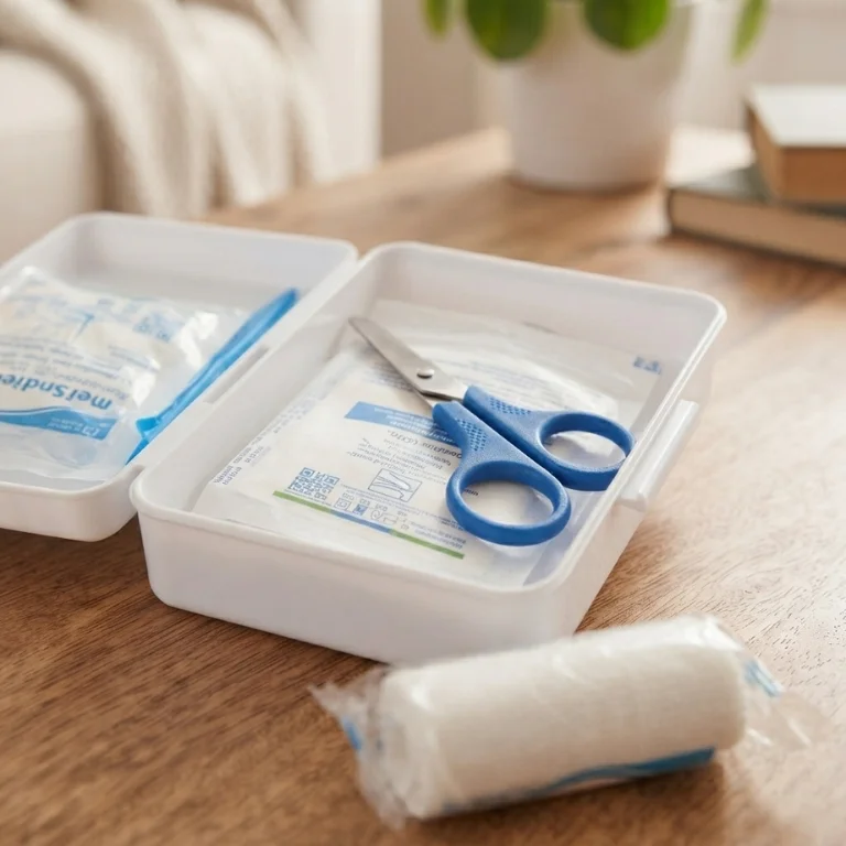 Macro close-up of smooth white box casing material and secure closure latch on promotional first aid kits UAE