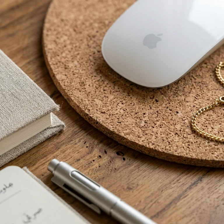 Macro close-up of natural cork grain texture and clean edge finish on promotional mouse pads UAE