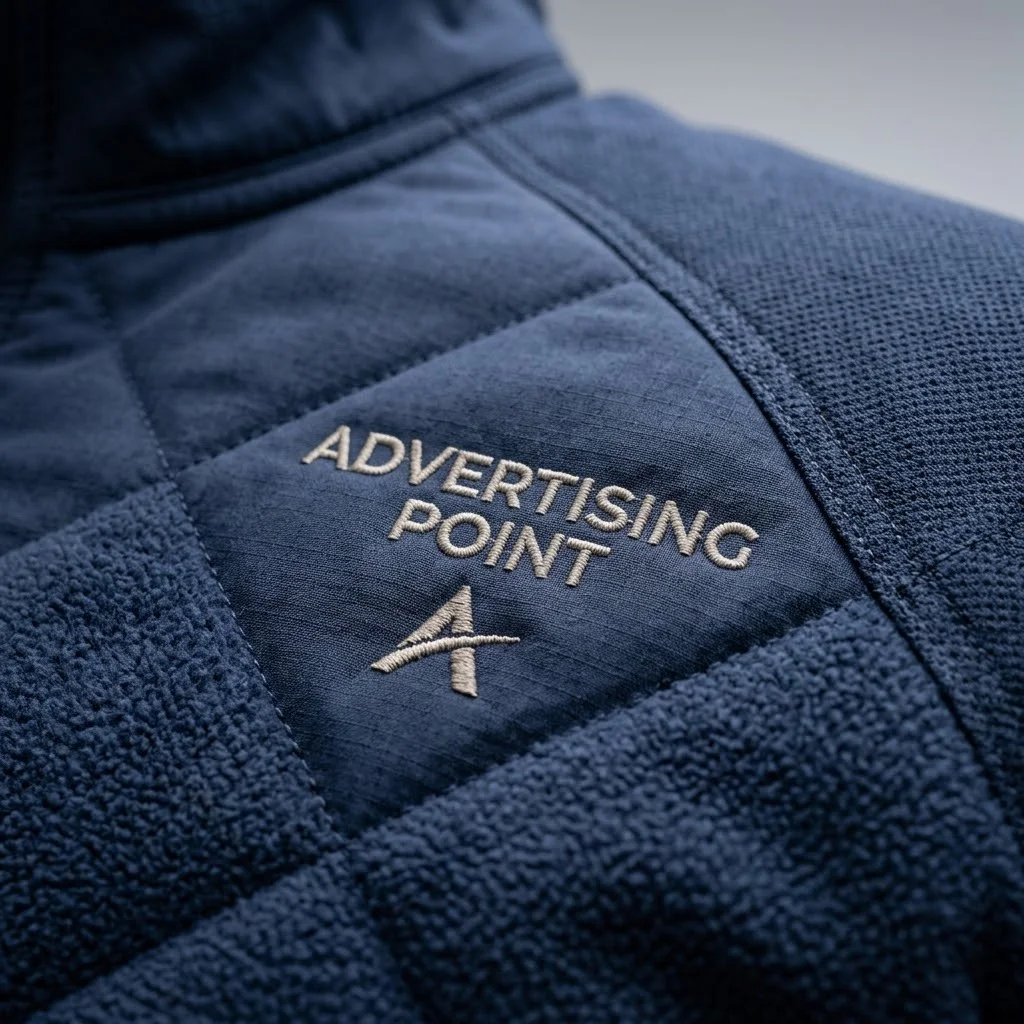Macro close-up of quilted fabric texture and reinforced stitch lines on custom corporate jackets UAE