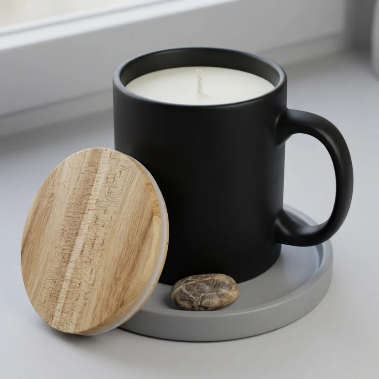 Macro close-up of natural bamboo lid wood grain and glass texture on promotional candles UAE