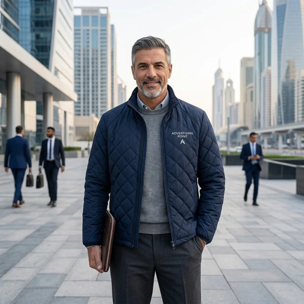 Professional male corporate model wearing a quilted performance jacket outdoors in Dubai for Advertising Point UAE