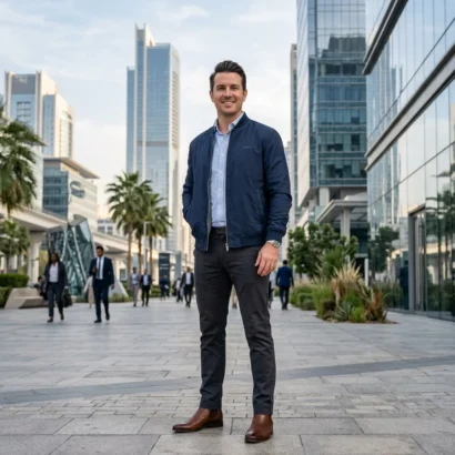 Professional corporate male model wearing a reversible bomber jacket outdoors in Dubai for Advertising Point UAE