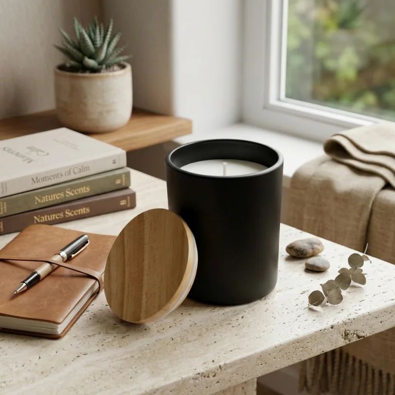 Scented glass candle with bamboo lid placed on a modern executive office desk in Dubai