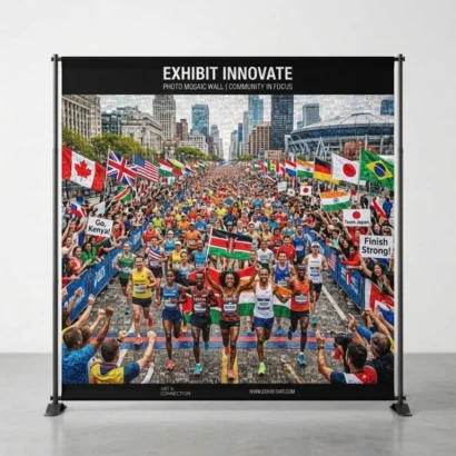 Custom printed mosaic wall backdrop banner studio view for Advertising Point UAE