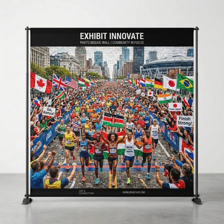 Custom printed mosaic wall backdrop banner studio view for Advertising Point UAE