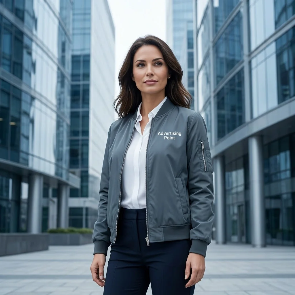 Professional corporate female model wearing a reversible bomber jacket outdoors in Dubai for Advertising Point UAE