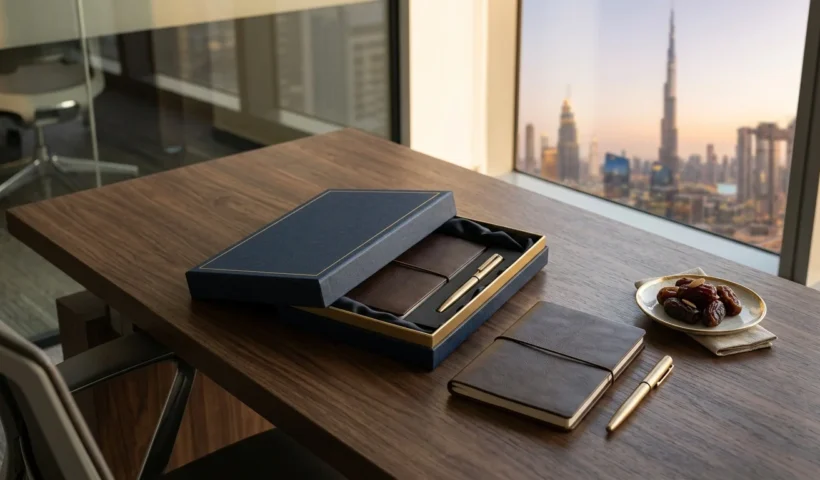 Corporate gifting etiquette UAE – branded notebook, pen set and gift box presented to a client in a Dubai office
