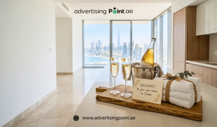Real estate client gifts in Dubai – a welcome set staged on the kitchen counter of a newly handed-over apartment