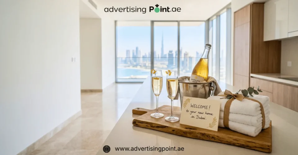 Real estate client gifts in Dubai – a welcome set staged on the kitchen counter of a newly handed-over apartment