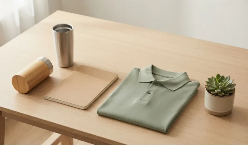 Sustainable promotional gifts in Dubai – bamboo power bank, reusable tumbler, and eco-friendly corporate gift set
