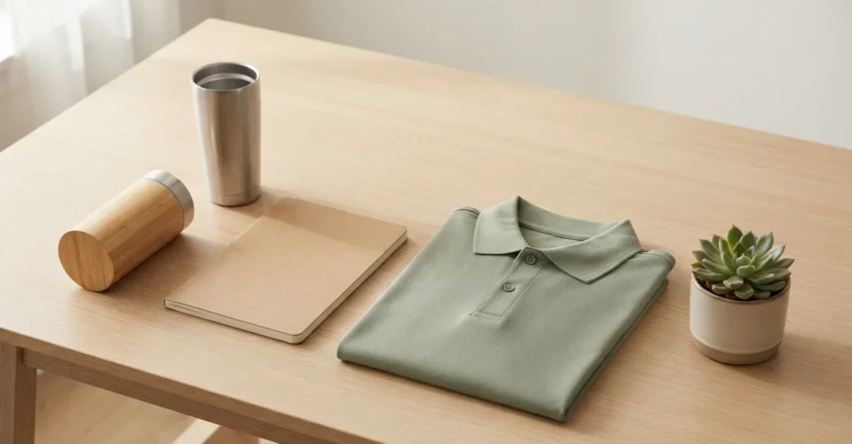 Sustainable promotional gifts in Dubai – bamboo power bank, reusable tumbler, and eco-friendly corporate gift set