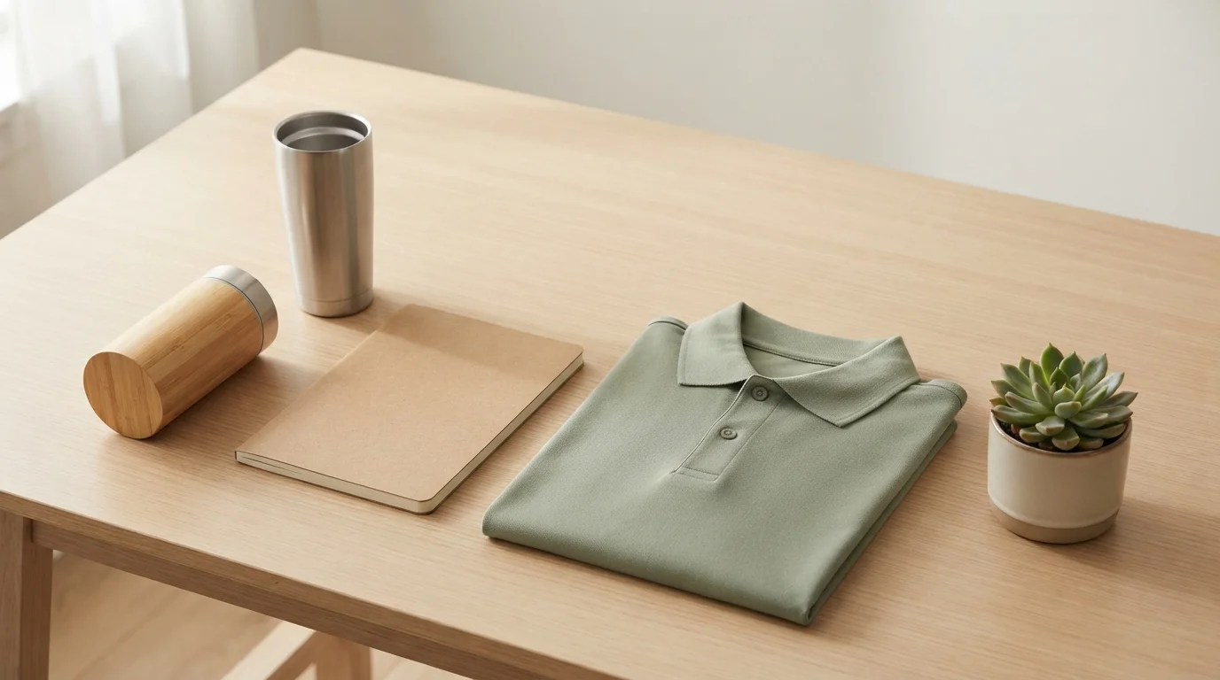 Sustainable promotional gifts in Dubai – bamboo power bank, reusable tumbler, and eco-friendly corporate gift set