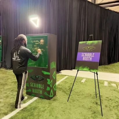 Modern interactive touchscreen scribble video booth setup for corporate events in Dubai and Abu Dhabi