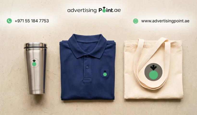 Custom logo branding in Dubai – laser engraved steel tumbler, embroidered polo shirt and screen printed tote bag side by side