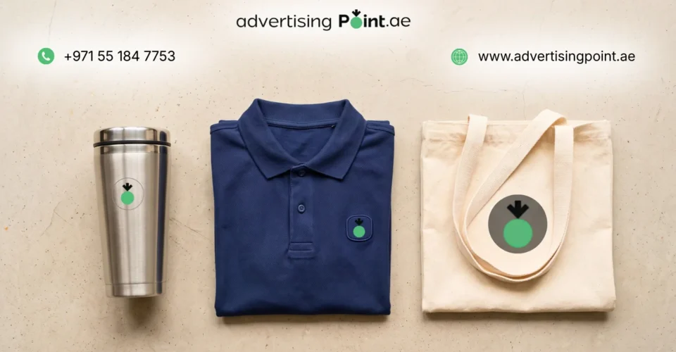 Custom logo branding in Dubai – laser engraved steel tumbler, embroidered polo shirt and screen printed tote bag side by side