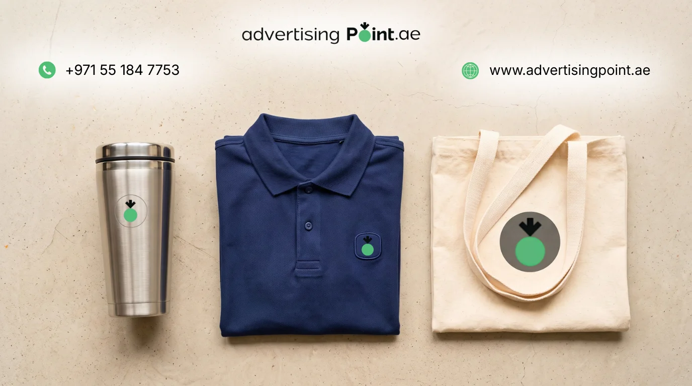 Custom logo branding in Dubai – laser engraved steel tumbler, embroidered polo shirt and screen printed tote bag side by side