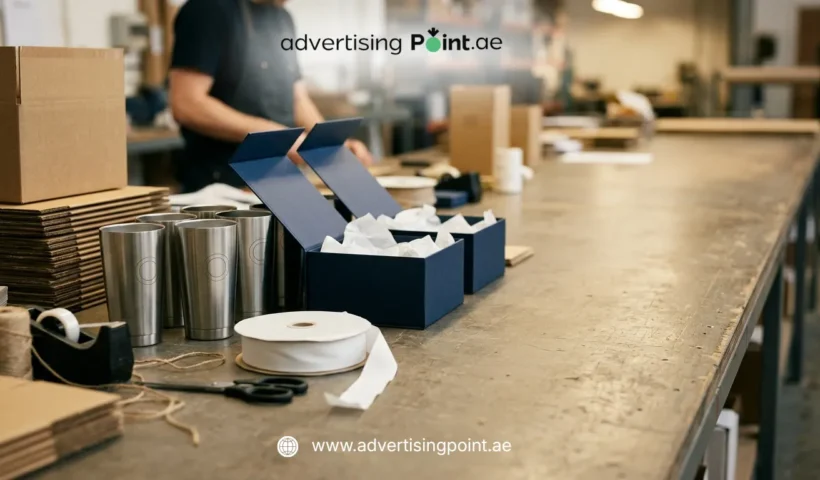 Last minute corporate gifts in Dubai – engraved steel tumblers and branded gift boxes being packed for same-week delivery