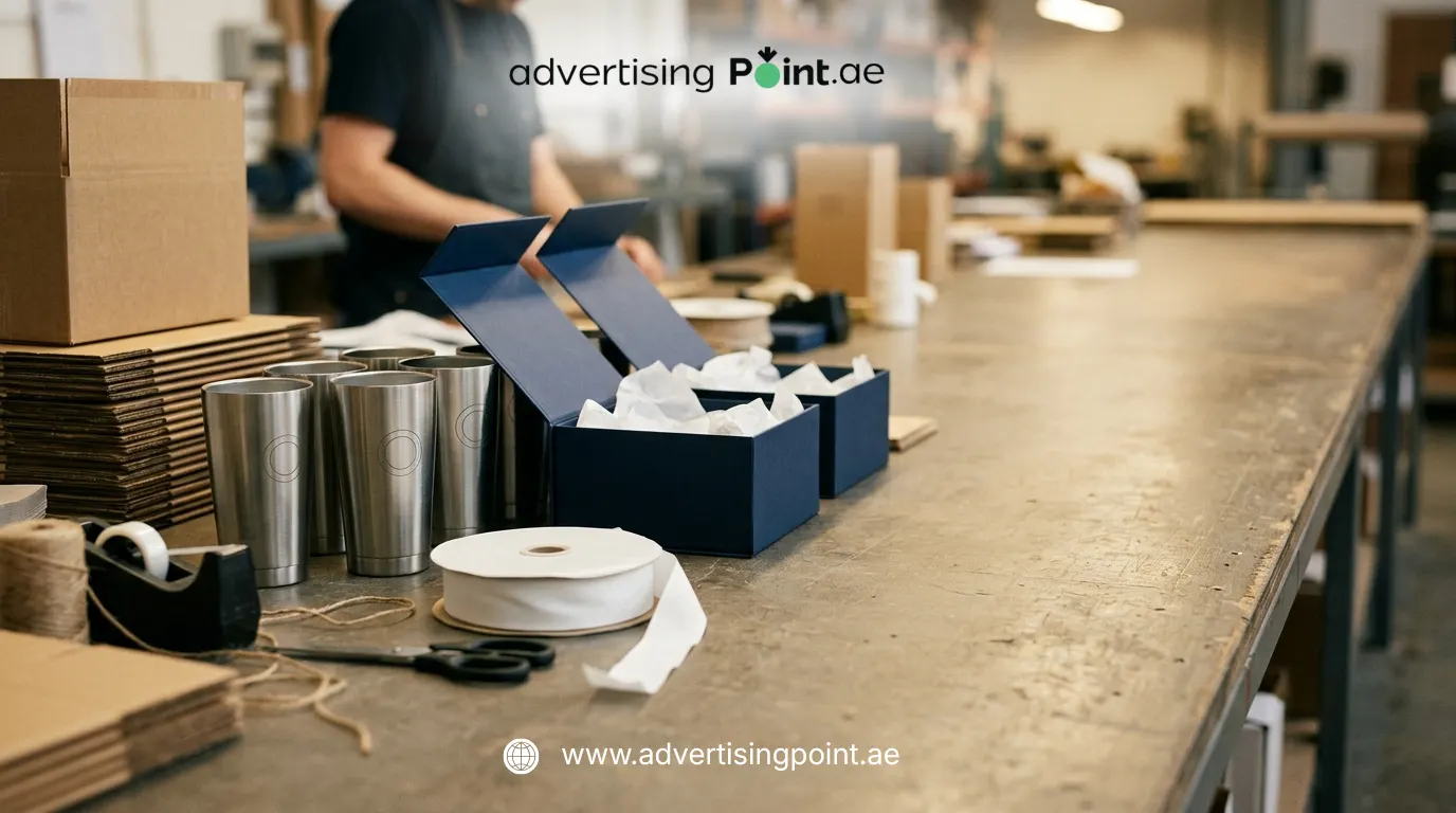 Last minute corporate gifts in Dubai – engraved steel tumblers and branded gift boxes being packed for same-week delivery